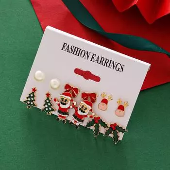 Christmas Pearl & Bow Earring Set: Santa, Tree, Elk Designs for Women CK0560 золотой