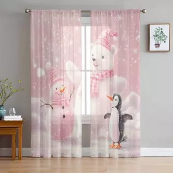 Christmas Pink White Bear Penguin Curtains For Living Room Bedroom Home Decoration Window Voile Tulle Curtain Drapes W135 x H114cm