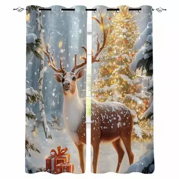 Christmas Reindeer Lantern Blackout Curtains For Living Room Bedroom Window Treatment Blinds Drapes Kitchen Curtains W135 x H60cm