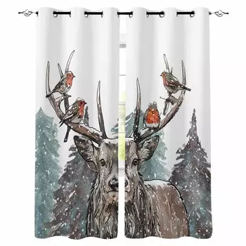 Christmas Snow Scenery Snowflakes Trees Deer Blackout Curtains For Living Room Bedroom Window Treatment Blinds Drapes W135 x H60cm