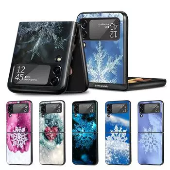 Christmas Snowflake Case for Samsung Galaxy Z Flip3 5G Flip4 Black Hard Cell Phone Cover Z Flip 3 4 Luxury PC Shell Zflip3 Coque Samsung Z Flip3 5G