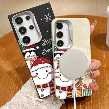 Christmas Snowman Leather Texture Phone Case for Samsung S24 S22 Ultra S23 S21 S20 Fe for Magsafe Magnetic Square Shockproof Tpu Soft Slim Cover Samsung S24 FE чёрный