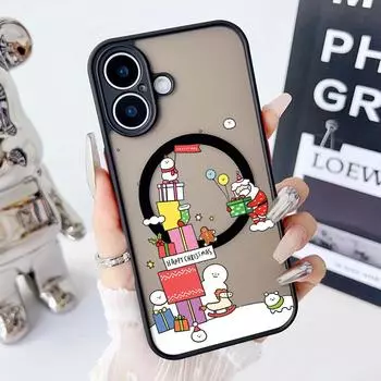 Christmas Snowman Pattern Clear Phone Case for iPhone 16 15 Pro 14 Plus 13 12 Mini 11 Pro Max 8 7 Magnetic Soft Edges Hard Plain Color Edges Slim Case iPhone 16 чёрный