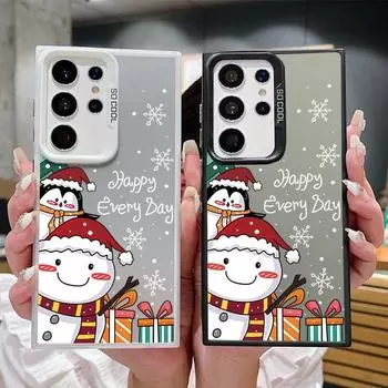 Christmas Snowman Pattern Square Phone Case for Samsung S24 S22 Ultra S23 S21 S20 Fe A54 A53 A52 Shockproof Slim Anti-Fall Laser Imd Cover Samsung S24 серый