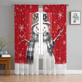 Christmas Snowman Snowflake Red Mockingbird Curtains For Living Room Bedroom Home Decoration Window Voile Tulle Curtain Drapes W135 x H114cm
