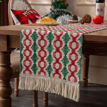 Christmas Table Runner Flag Cotton Woven Desktop Decorations Flags Tablecloths Long Strip Splicing Tassel Christmas Party Decor 33x50cm
