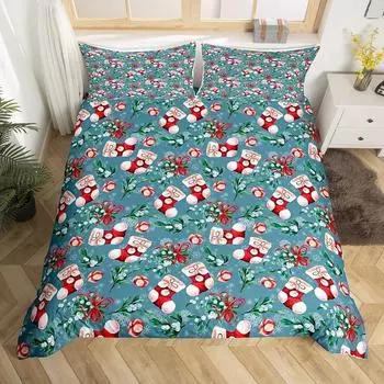 Christmas Theme Duvet Cover Set Microfiber Botanical Branches Leaf Comforter Cover Xmas Candy Bell Floral Bedding Set King Size 70x133cm 2pcs