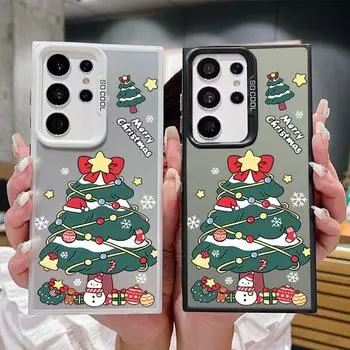Christmas Tree Pattern Square Phone Case for Samsung S24 S22 Ultra S23 S21 S20 Fe A54 A53 A52 Shockproof Slim Anti-Fall Laser Imd Cover Samsung S24 серый