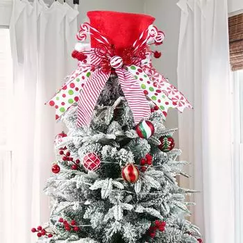 Christmas Tree Topper Hat with Bow Ribbon Merry Christmas Decorations For Home 2024 Xmas Tree Ornaments Noel New Year Gift 2025