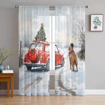 Christmas Winter Car Curtains For Living Room Bedroom Home Decoration Window Voile Tulle Curtain Drapes W135 x H114cm