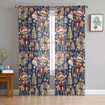 Christmas Winter Deer Wreath Bell Curtains For Living Room Bedroom Home Decoration Window Voile Tulle Curtain Drapes W135 x H114cm