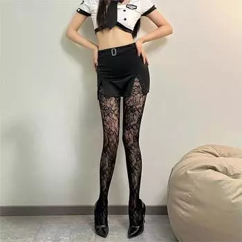 Чулки в сеточку с цветочным узором Тонкие ажурные колготки с кружевом Красные Черные Синие Розовые Белые колготки 40-70KG чёрный
