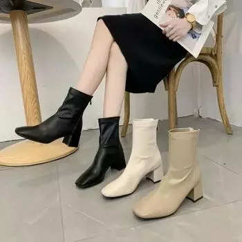 Chunky Heels Ankle Boots for Women Autumn Winter British Style PU Leather Short Boots Female Comfort Thick Heel Botines Mujer 35 чёрный