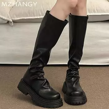 Chunky Women High Boots Leather Pleated Platform Mid Heels Shoes 2025 Trend Winter Classic Knee High Motorcycle Botas De Mujer 35 чёрный