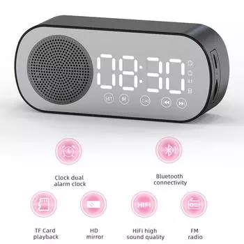 Цифровой будильник Bluetooth 5.0 Динамик LED Дисплей Зеркало Настольный будильник с FM-радио Поддержка TF-карты Громкая связь серебряный
