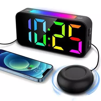 Цифровой будильник RGB с регулируемой яркостью, настольные часы с двумя будильниками и ночником, функцией повтора чёрный