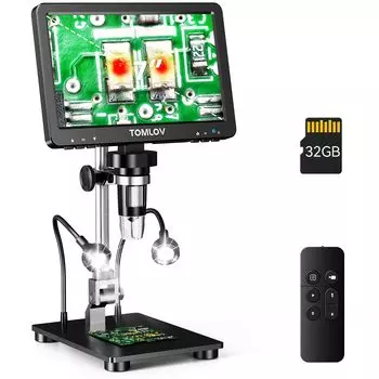 Цифровой микроскоп TOMLOV HDMI, USB-микроскоп, увеличительный микроскоп для монет, перезаряжаемый 7-дюймовый микроскоп, 10 светодиодных ламп, ЖК-сварочный микроскоп, 32 ГБ