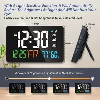 Цифровые настенные часы с питанием от USB, синхронизированные по Wi-Fi, время, температура, влажность, дата, неограниченный повтор сигнала, настольные часы 12/24 ч, 2 будильника, светодиодные часы 19x12.2x2.7cm