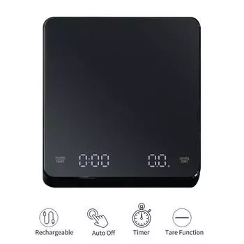 Цифровые весы для кофе с таймером, светодиодным экраном, эспрессо, USB, макс. 3 кг, вес 0,1 г, высокоточные измерения в унциях/мл/г, кухонные весы чёрный