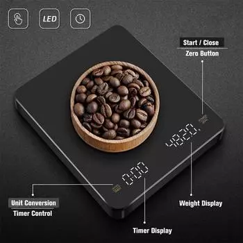 Цифровые весы для кофе с таймером, светодиодным экраном, эспрессо, USB, макс. 3 кг, вес 0,1 г, высокоточные измерения в унциях/мл/г, кухонные весы 3Kg