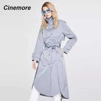 CINEMORE Новый 2022 Тренч Модный длинный отложной воротник однотонный двубортный элегантный повседневный женский ветровка 92254 S чёрный