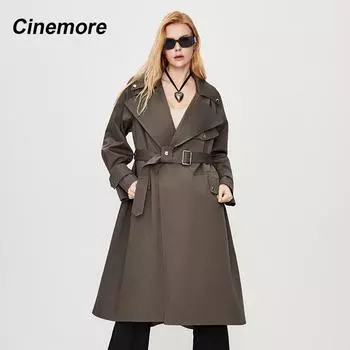 Cinemore Тренч для женщин Длинная куртка-ветровка Повседневное однотонное свободное ветрозащитное пальто с лацканами с поясом Модное шикарное женское пальто