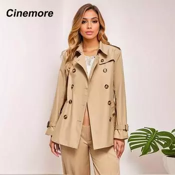 Cinemore, весенний Тренч длины миди для женщин, повседневная ветровка, двубортная куртка с лацканами и поясом, ветрозащитное женское пальто для офиса 2F6185 S бежевый