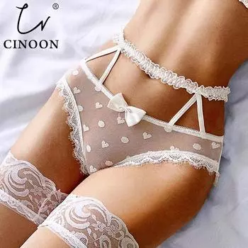 CINOON, потрясающие сетчатые трусики с высокой талией, кружевное сексуальное нижнее белье, женское прозрачное нижнее белье с бантом, стринги, нижнее белье one size