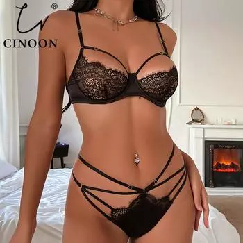 CINOON сексуальный классический бюстгальтер короткий комплект нижнего белья пуш-ап бюстгальтер женский черный кружевной прозрачный нижнее белье полые бандажные трусики S чёрный