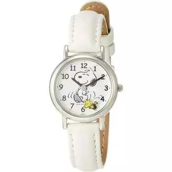 [Citizen Q A] P003 314 Analog Snoopy Waterproof Leather Strap Second Hand Disc Watch Women s White White