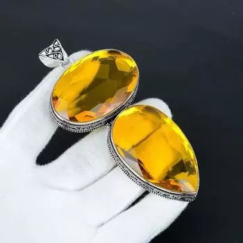 Citrine Giant Size Gemstone Handmade 925 Sterling Silver Jewelry Pendant, Big Size Pendant For Gifts , Double Citrine Gemstone Pendant Gift For Her 2.54 жёлтый