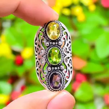 Citrine, Peridot Gemstone Handmade 925 Sterling Silver Jewelry Ring Size 8 t1w46