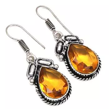 Citrine Quartz Gemstone Handmade Gift For Her Silver Jewelry Earrings 1.5