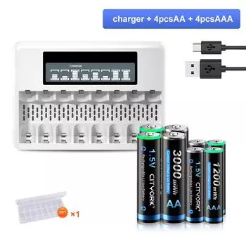 CITYORK 1,5 В AAA + AA литий-ионная аккумуляторная батарея AA AAA с 8 слотами 1,5 В AAA AA литий-ионное зарядное устройство