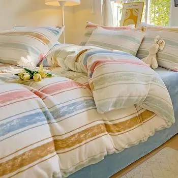 Class A Maternal And Infant Grade Milk Fleece4-Pcs Set Double-Sided Thickened Coral Fleece Bed Hat Fleece Quilt Cover 3-Pcs Set 1.2 Sheet3pcs quilt 1.5*2m ваниль