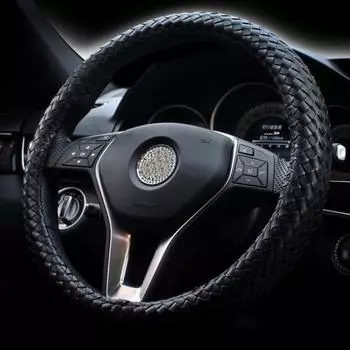 Classic Black Braid Leather Car Steering Wheel Cover Hand Woven Auto Steering-wheel Covers Men Anti-slip Knit Car Accessories