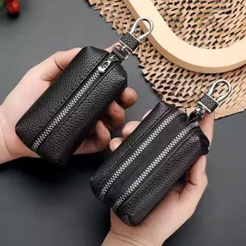 Classic Coin Purse Keychain Simple PU Leather Wallet Durable Key Storage Bag Men/Women Coffee-Double Zipper