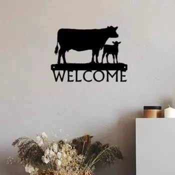 Classic Cow & Calf Farm Cattle Welcome Sign - New 12 Inch Wide Metal Wall Art чёрный