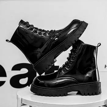 Classic Fashion Glitter Leather Black Boots for Men Comfortable Height-increasing Platform Boots Big Size 46 Lace-up Ankle Boots 37