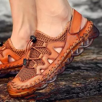 Classic fashion summer high-quality hand-sewn breathable leather sandals outdoor beach large size shoes men s Hugh Shoes 38 чёрный