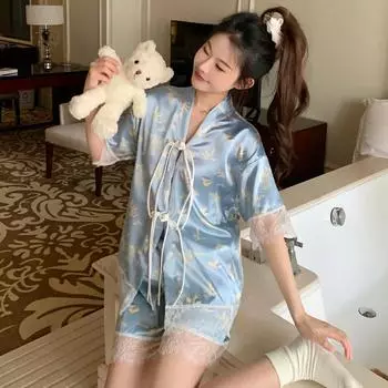 Classic Flower Print Knot Lace Women s Pajamas Ancient Style Elegant Female Nightwear Summer Home Sleepwear M синий