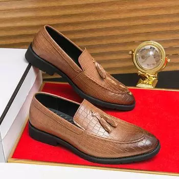 Classic Men Loafers PU Stone Pattern Low Heel Tassel Decoration Daily Business Casual Men Shoes 39 чёрный