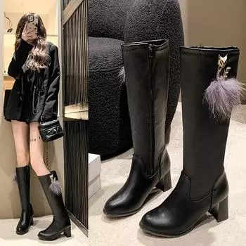 Classic Pointed Toe Ladies Modern Boot 2024 Winter Simple and Versatile Women s Knee-high Boots Comfortable and Warm High Boots 36 чёрный