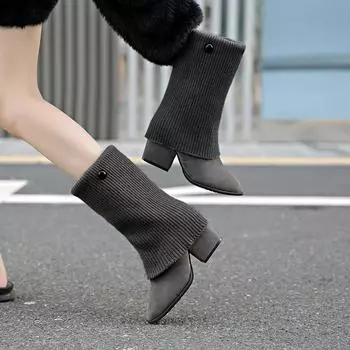 Classic Pointed Toe Ladies Winter High Heels 2024 Korean Style Fashionable Women s Thick Heel Boots Botas Altas Plataforma Mujer 35 чёрный