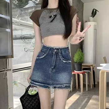Classic Versatile Short Skirt Days Design Raw Edge High Waist Vintage Casual A-Line Halter Package Hip Skirt Ladies Summer Fashion Cowboy Short Skirt S синий