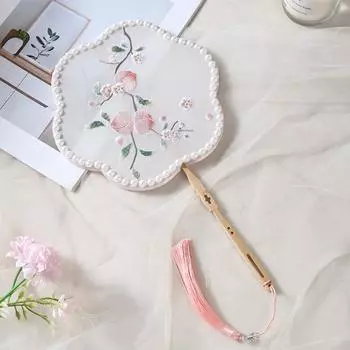 Classical Ancient Style Long Handle Fan Handmade Embroidery Flower Shape Fan Children Gift Style 1