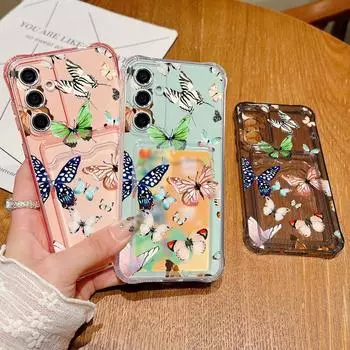 Clear Card Slot Butterflies Pattern Soft Silicone Case for Samsung S24 S22 Ultra S23 S21 S20 Fe A55 A54 A53 A52 A35 A16 A15 Shockproof Slim Cover Samsung S24 серый