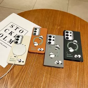 Climbing Panda Pattern for Magsafe Magnetic Case for Samsung S24 Ultra S23 S22 Plus S21 S20 Fe Leather Texture Shockproof Soft Tpu Square Slim Cover Samsung S24 FE чёрный