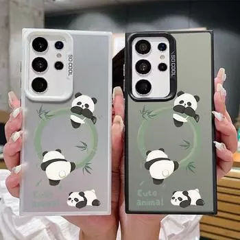 Climbing Panda Pattern Square Phone Case for Samsung S24 S22 Ultra S23 S21 S20 Fe A54 A53 A52 Shockproof Slim Anti-Fall Laser Imd Hard Cover Samsung S24 серый