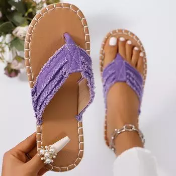 Clip Toe Non-Slip Beach Slippers Women Comfortable Canvas Flat Heel Flip Flops Woman Light Non-Slip Espadrilles Slides Ladies 36 фиолетовый